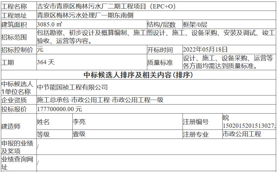 节能国祯中标江西省&amp;#8203;吉安市青原区梅林污水厂二期工程项目（EPC+O）(图1)