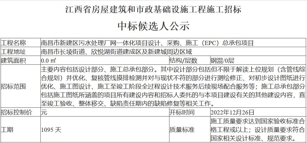 报价16.48亿元 南昌市新建区污水处理厂网一体化项目设计、采购、施工（EPC）总承包项目中标候选人公示(图1)